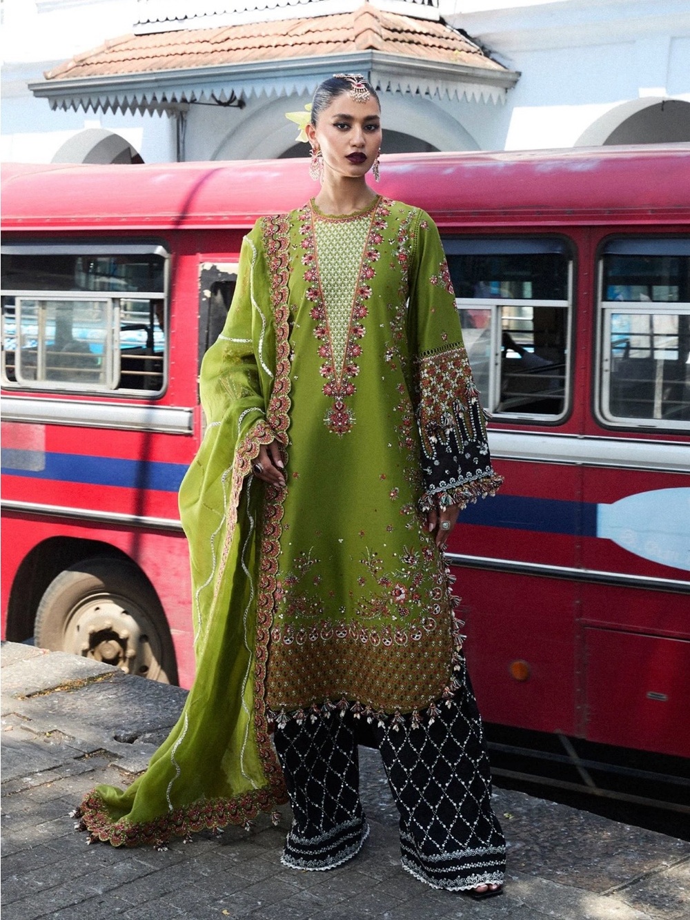 Embellished Olive Green Women Palazzo Pants Set - Picture 1 of 6